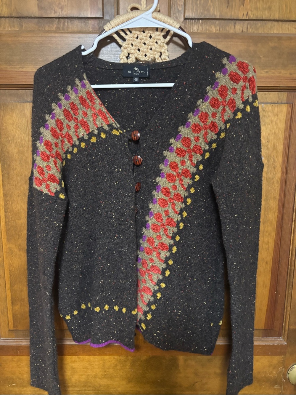 Etro Brown Wool-Blend Cardigan with Red, Yellow & Purple Floral Bands